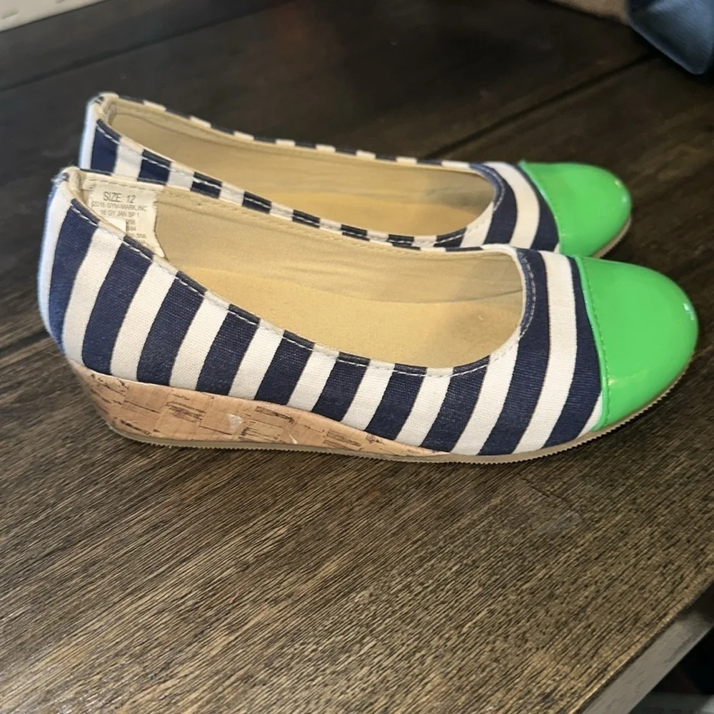 Gymboree Girls Wedge Striped Shoes Navy, White & Green size 12 Super Adorable‎
